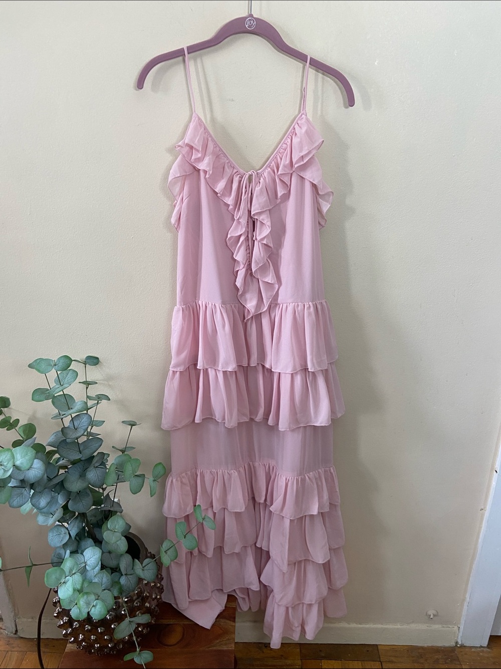 New Ronny Kobo Light Pink Ruffle Maxi Dress Medium Tiered Romantic Coquette Maxi